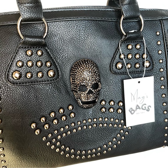 ☠️ Skull Studded Punk Moto Black Tote Crossbody Bag - Picture 10 of 16